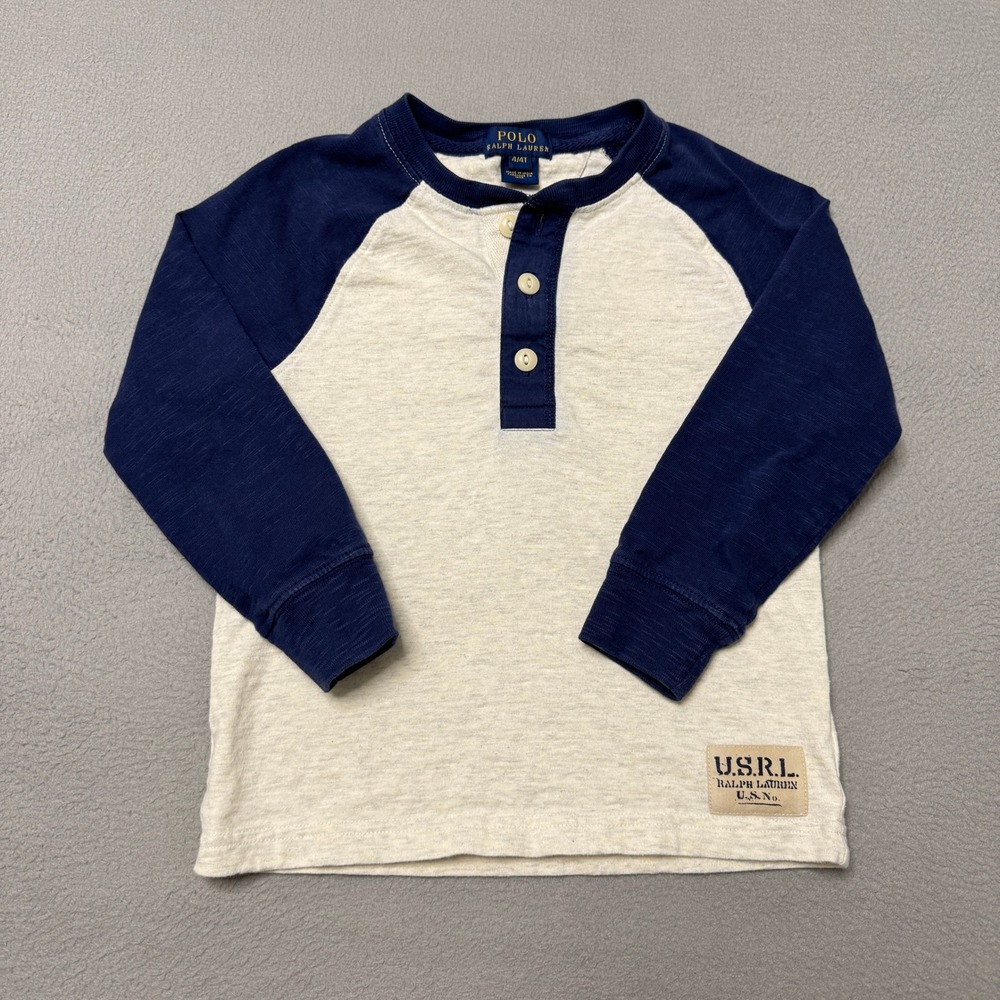 Polo Ralph Lauren Henley Shirt Boys 4T Cream Navy Raglan Cotton Long Sleeve USRL